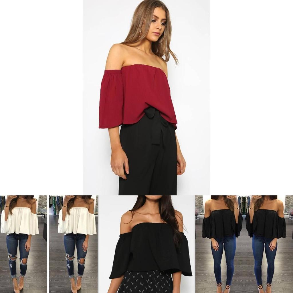 Stylish Summer Off Shoulder Ruffle Hem Loose Fit Top Women Urban Fashion Tee