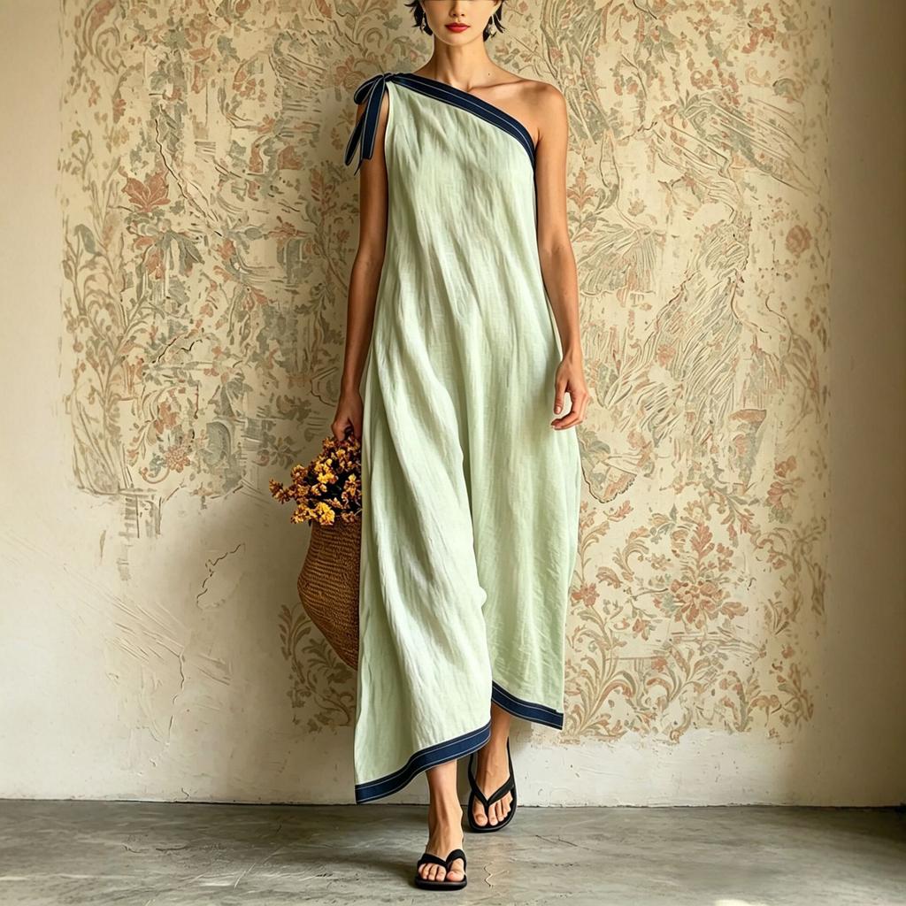 European and American new single shoulder straps linen long dress women's summer vacation style loose and thin dress