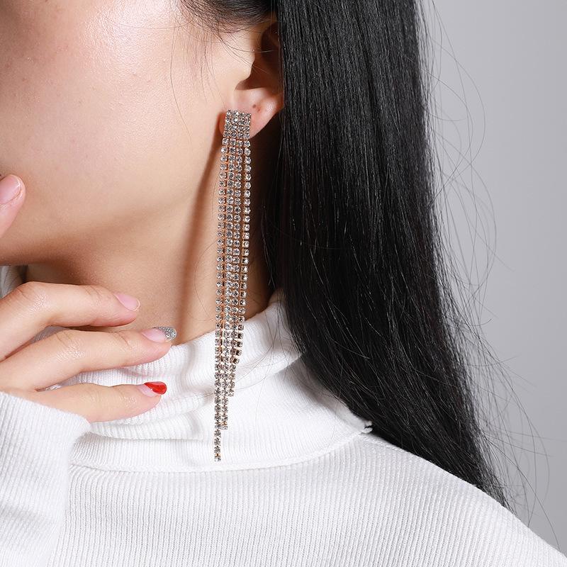 Luxury Crystal Rhinestone Long Drop Dangle Tassel Earrings For Women Wedding Party Gift 2022 Fahsion Jewelry Gold Silver Color