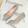 Fashion NEW Silver Black Women Bridal Wedding Shoes Faux Sequins Cloth Rhinestone Crystal Buckle Shallow Woman Pumps Stiletto High Heel
