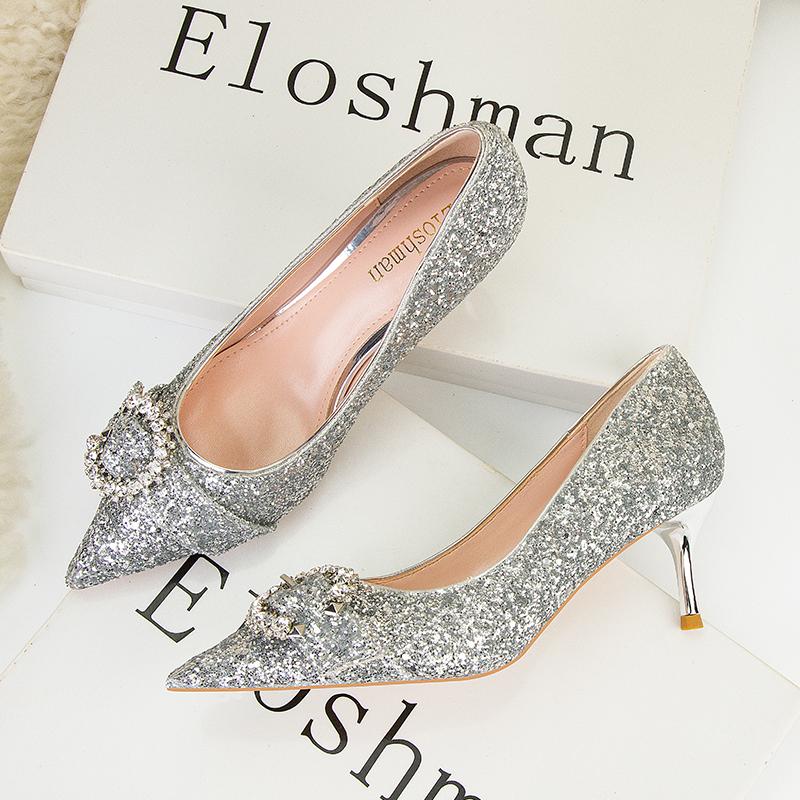 Fashion NEW Silver Black Women Bridal Wedding Shoes Faux Sequins Cloth Rhinestone Crystal Buckle Shallow Woman Pumps Stiletto High Heel