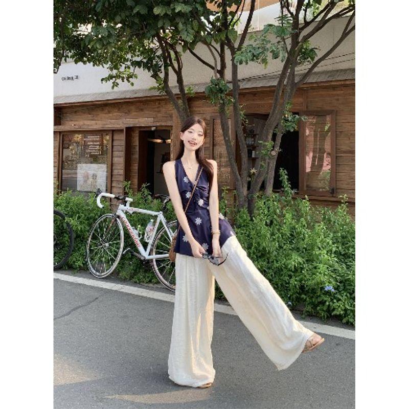 Kumikumi Sweet Style Set French Style Kinked Cami Women Summer Drape Embroidered Wide-Leg Pants Two-piece Set