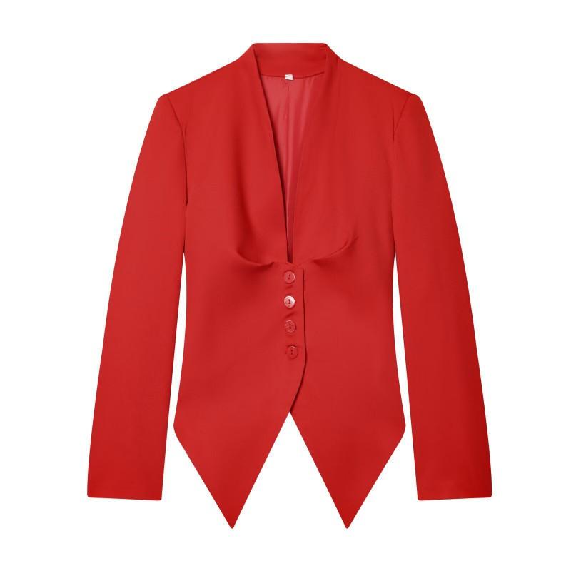 Womens Single-Breasted V-Neck Long Sleeve Blouse Pleated Chest Mid-Length Casual Blazer 2026 Fall