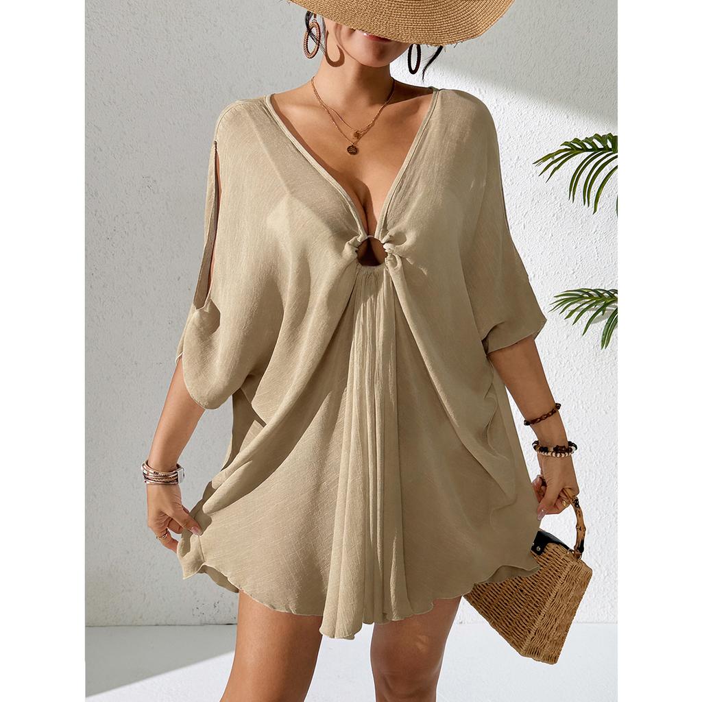 Pure Color V-Neck Lightweight Transparent Loose Dress Beach Casual Comfort Sun Protection Cover Up Fashion Beachwear