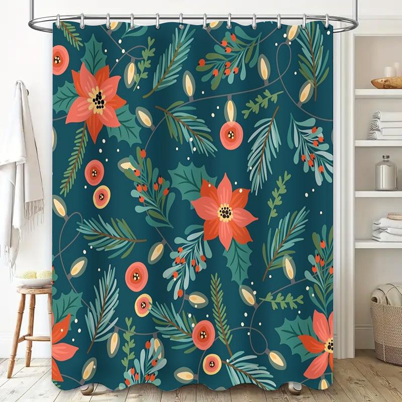 Christmas Shower Curtain Floral Print Waterproof Bath Decor for Bathroom Green Red Poinsettia Pattern Shower Liner Decoration Xm