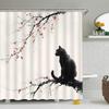 Asian Cat Shower Curtain Japanese Ink Red Cherry Blossom Chinese Brush Painting Traditional Oriental Kitty Lover Black Cats Bird