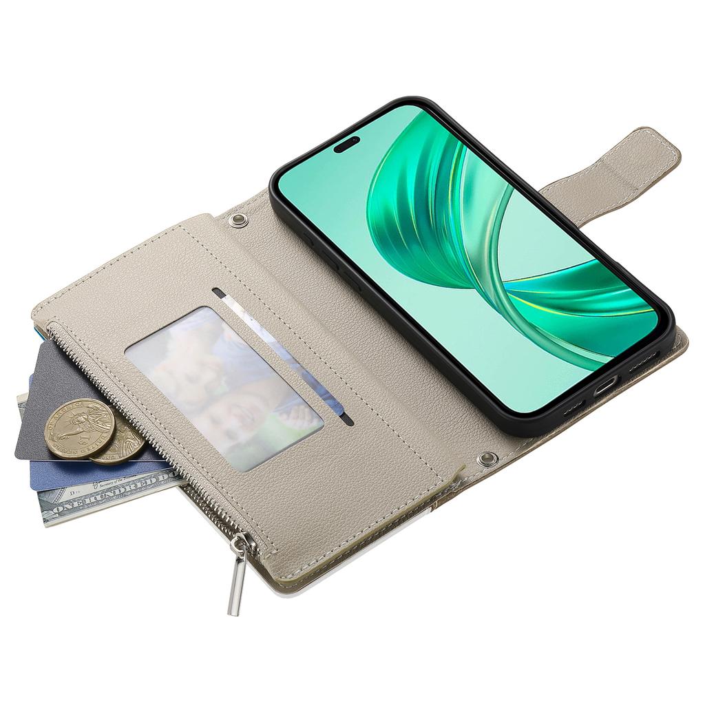 For Honor X8b 4G Case Zipper Wallet Color Splicing Leather Flip Phone Cover with Straps