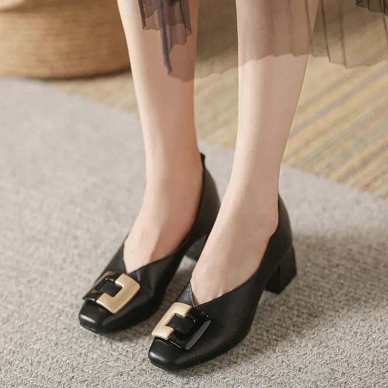 Mode Frau Frühling Mode Slipper Eckige Zehe Hohe Absätze Retro Metallschnalle Damen Flache Mary Janes Zapatos De Mujer Damen Slipper