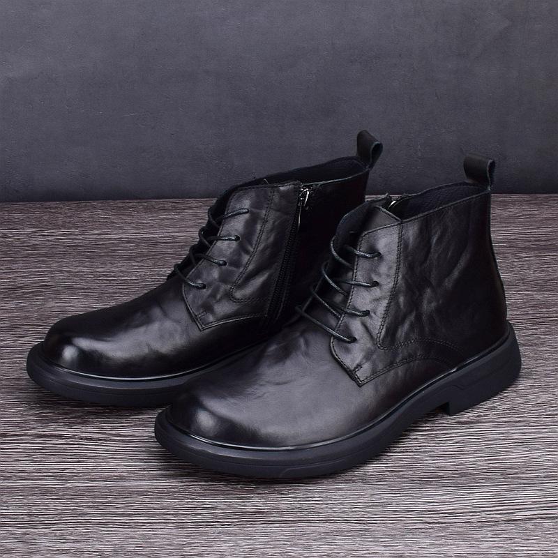 Autumn and Winter Velvet Martin Boots Men's Genuine Leather Cowhide High-top Casual Leather Boots Leather Shoes Non-slip and Wear-resistan Thin Velvet