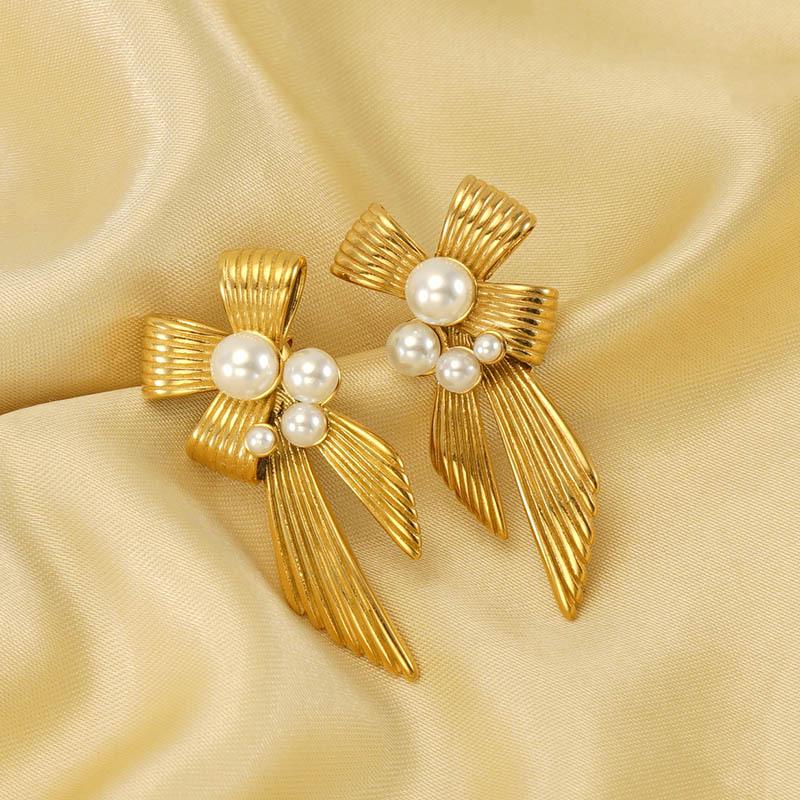 

Elegant Pearl Bow Earrings - Stainless Steel, European & American Design 18K золотой