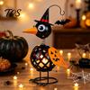 Creative Halloween Gift Wrought Iron Crow And Pumpkin Ornament, Metal Bird Candle Holiday Home Accents Holder Statue with LED for Table Decor
