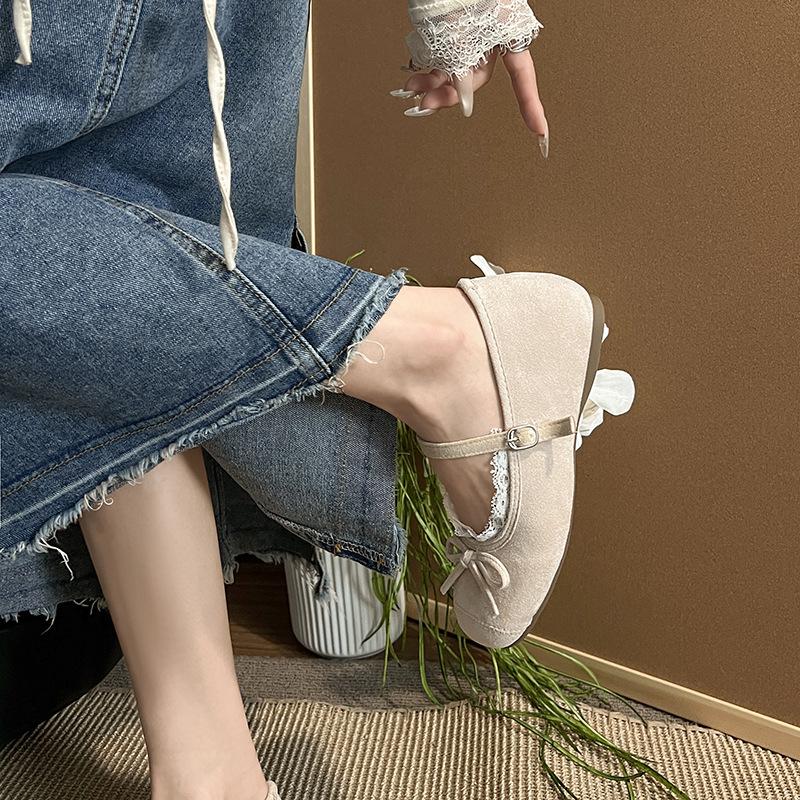 

Модные кружевные туфли Мэри Джейн 2025 новые балетки с бантом повседневные туфли с пряжкой из одного слова 40 абрикосовый