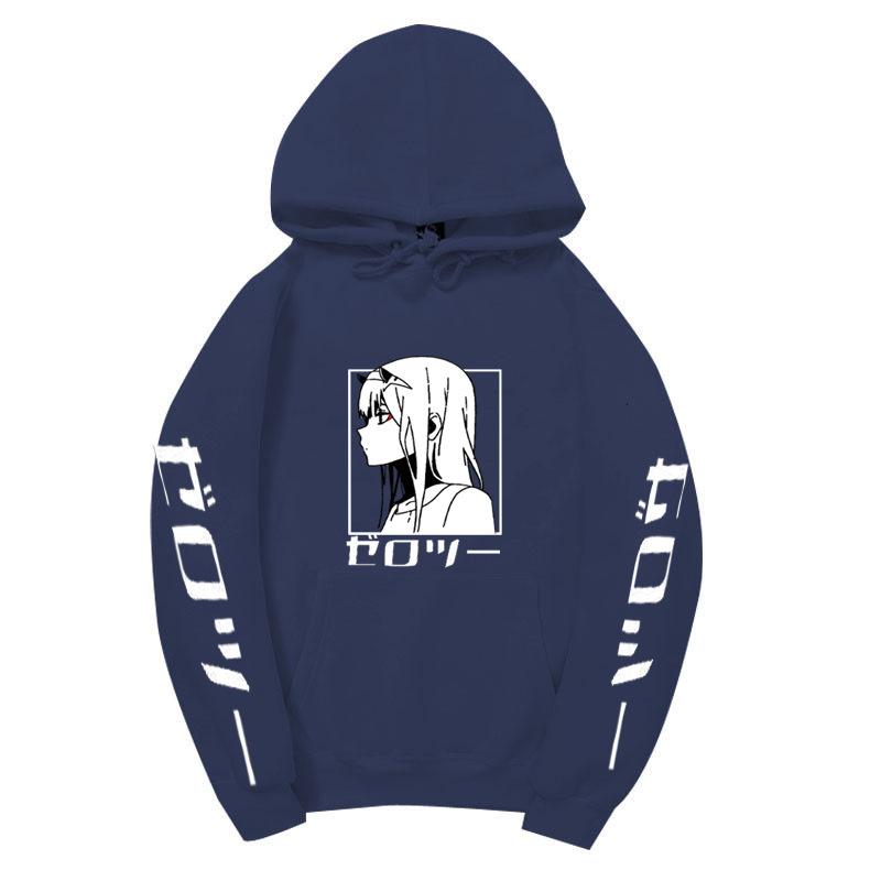 Zero Two Side Profile Anime Hoodie Japanese Letter Print Black Casual Long Sleeve Hooded Sweatshirt Pullover