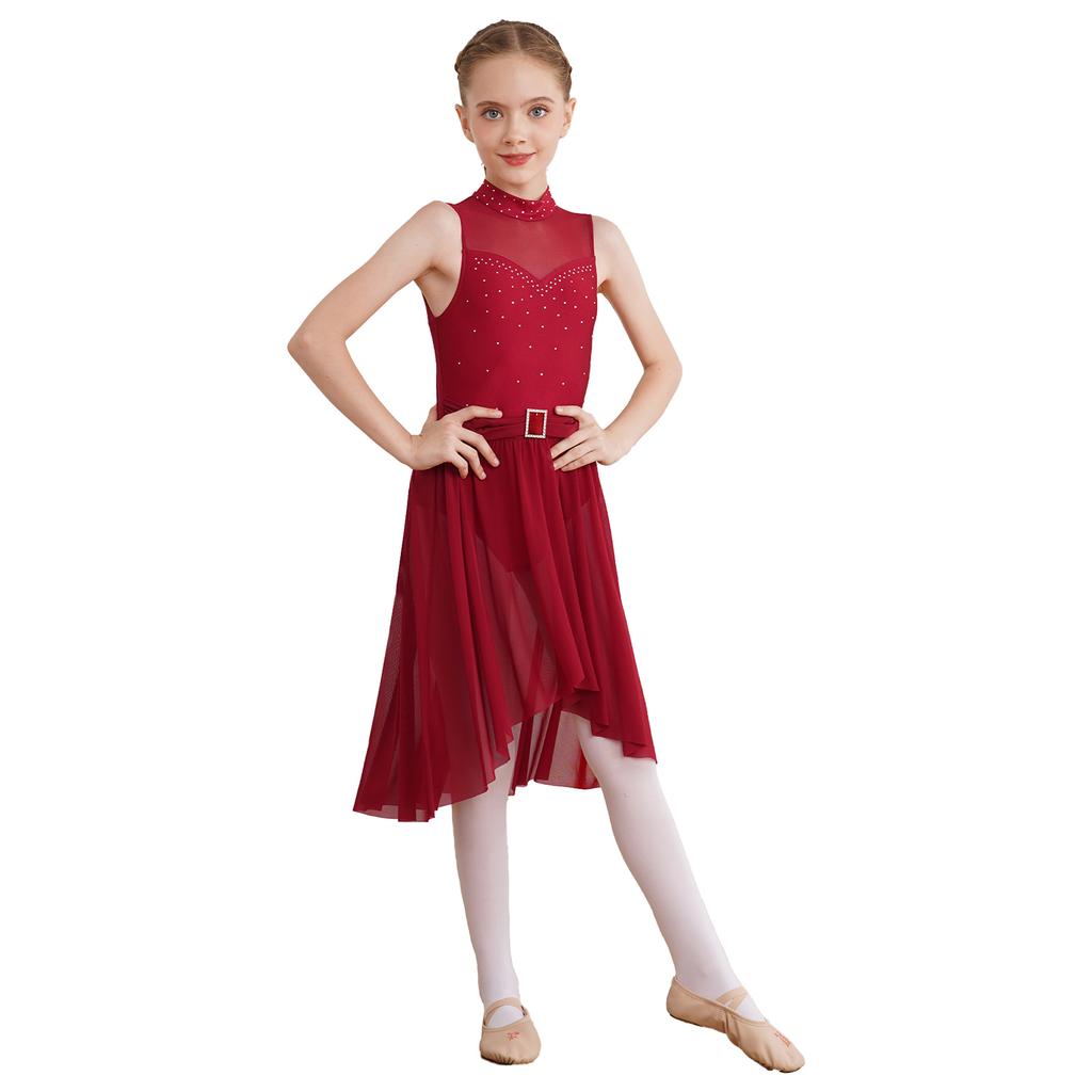 Girls Rhinestone Lyrical Modern Dance Dress Sleeveless Back Hollow High Low Hem Built In Briefs Dance Leotard Dress for Kids