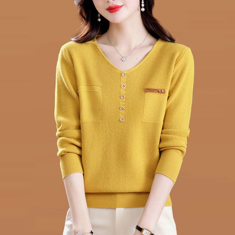 

Свободный и тонкий вязаный свитер с v-образным вырезом на пуговицах, женский пуловер на осень и зиму 2023, однотонный свитер с длинными рукавами, пуловер, женские топы One Size жёлтый