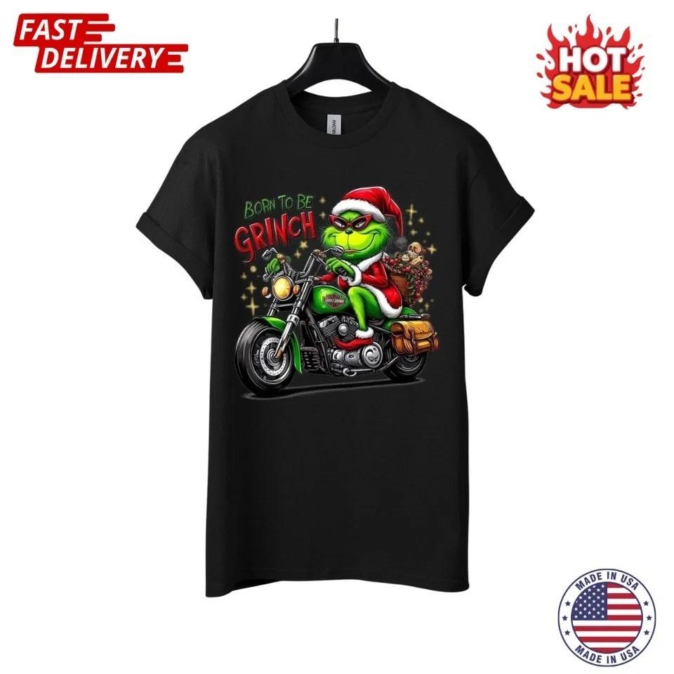 

Grinch Christmas T shirt Born to Be Grinch Riding Harley Davidson Motorcycle 2XL