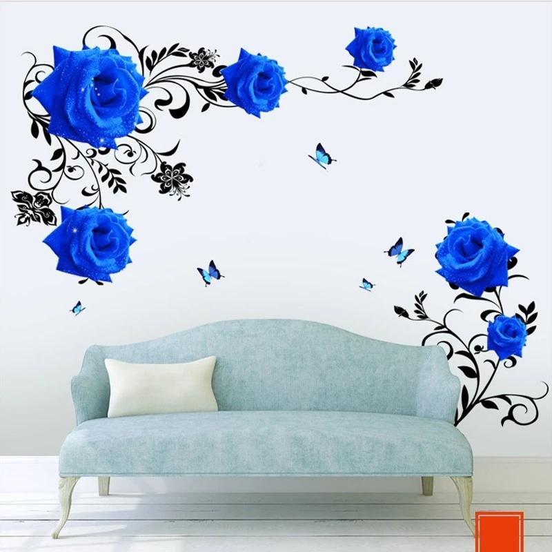 DIY Large Blue Rose Flowers Living Room Decoration Wall Stickers Sofa TV Entrance Background Wall Decals Removable Vinyl Posters