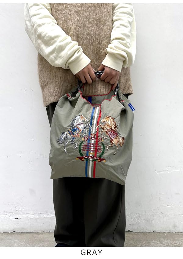 Ball Chain Authentic TWO HORSE Large Shopping Bag 301124 & Bag/Eco Bag/Tote (L, GRAY)