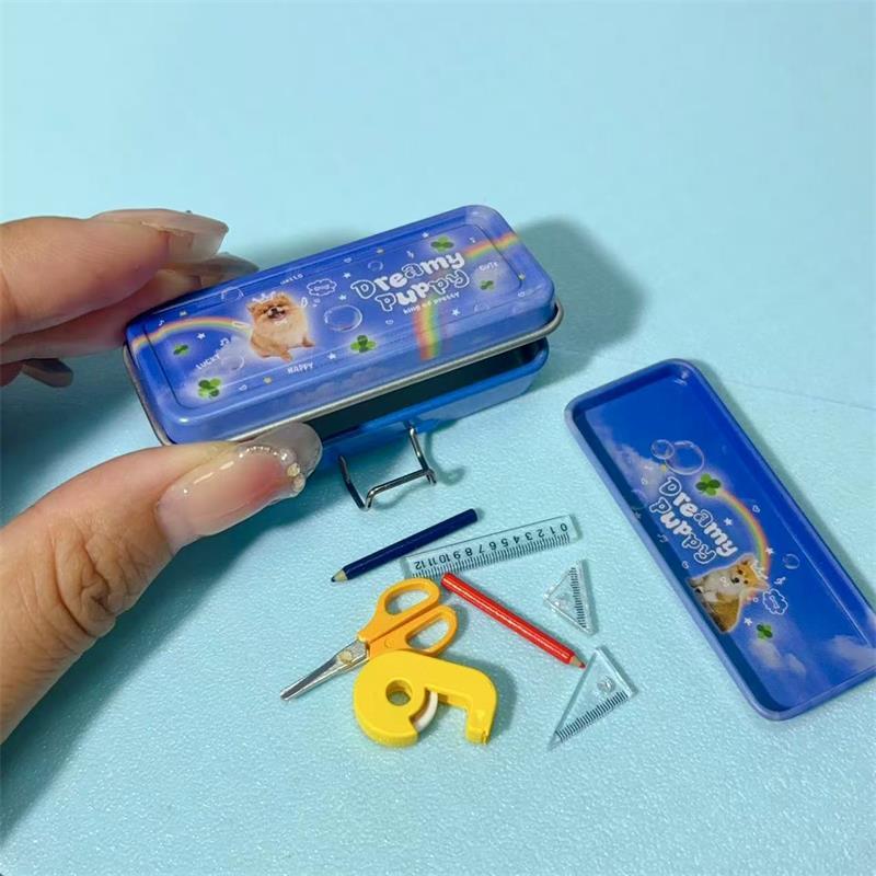 Dollhouse Miniature Double Layer Iron Pencil Box Pen Ruler Measuring Tape Scissors Model Micro Landscape Decor Pretend Play Toy