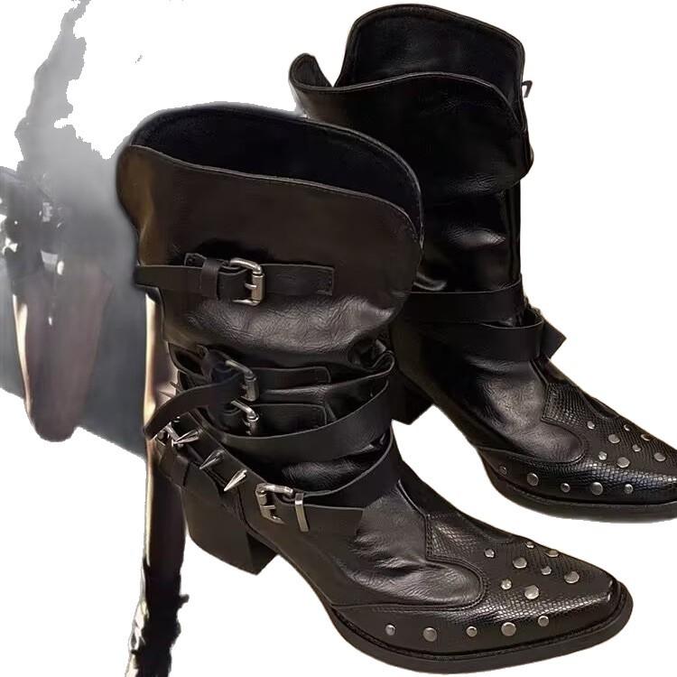 Short Western Cowboy Boots Women's Rivets 2025 Summer New Boots Retro Spice Girls Pointed Pile Boots Martin Boots