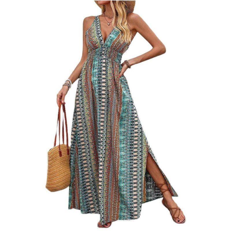 Cross-Border Foreign Trade European and American Women's Clothing 2025 Summer Fashion Sexy Deep V-neck Sleeveless Open Back Beach Vacation Style Dress