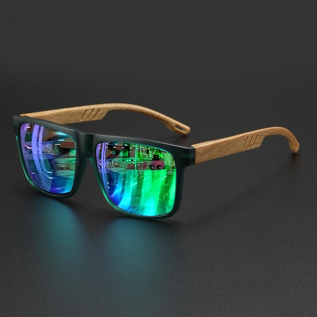 New Fashion Square Sunglasses - Wood Grain Spring Hinge, UV400 Unisex for Driving, Hiking & Travel