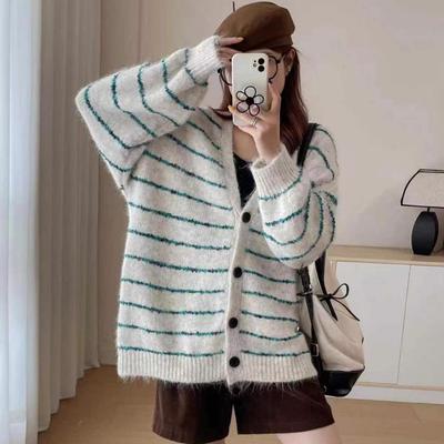 2025 Autumn/Winter Retro Loose Striped Knitted Cardigan - Women's Lazy Style Sweater Coat