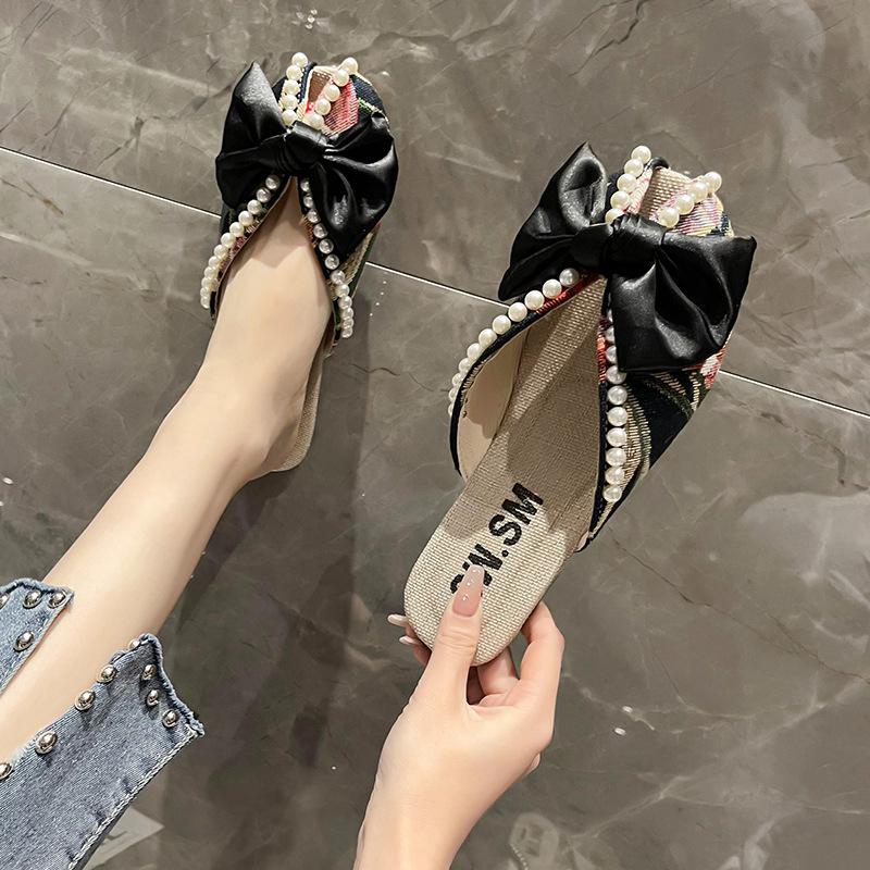 Small floral sandals bag head half slippers women's summer wear New Year's new bow pearl flat bottom fish mouth Muller