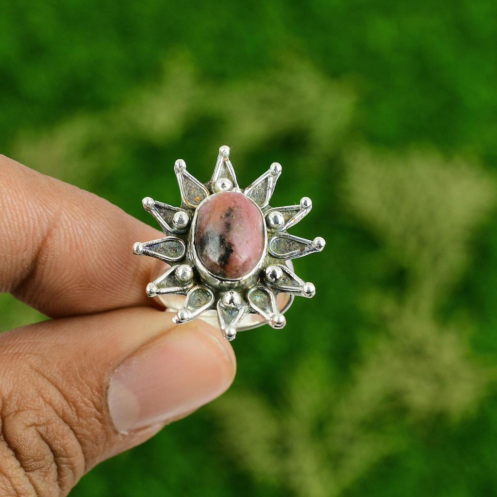 Womens day Deal Rhodonite Stone 925 Sterling Silver Flower Sister Stackable Ring