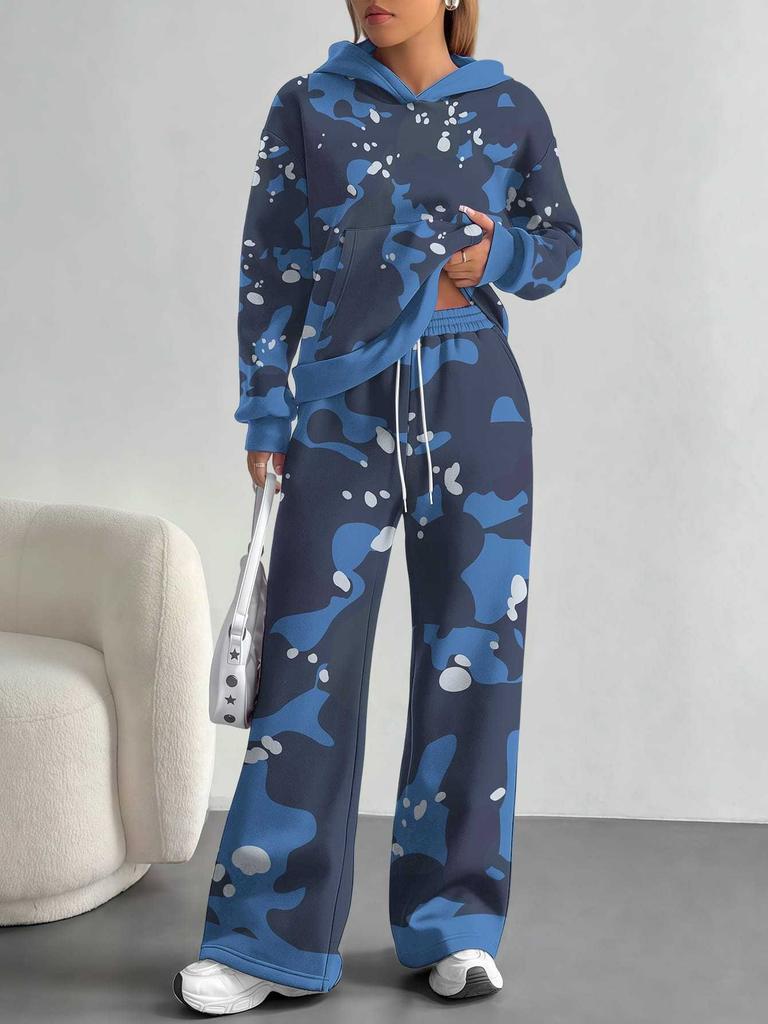 Outdoor Camouflage Style European and American Autumn/winter Casual Long-sleeve Set, Women's Hooded Sweatshirt and Long Pants Two-piece Set