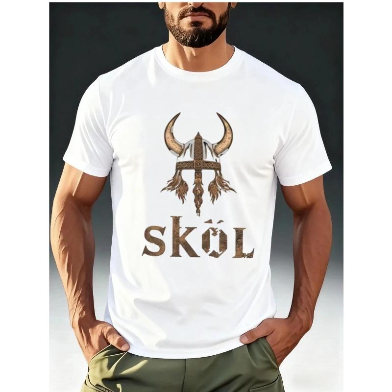 Men'S Vintage Viking Style T-Shirt with 'SKÓL' Viking Helmet Print, Featuring a Hardcore Cool Design And Comfortable, Skin-Friendly Short Sleeves