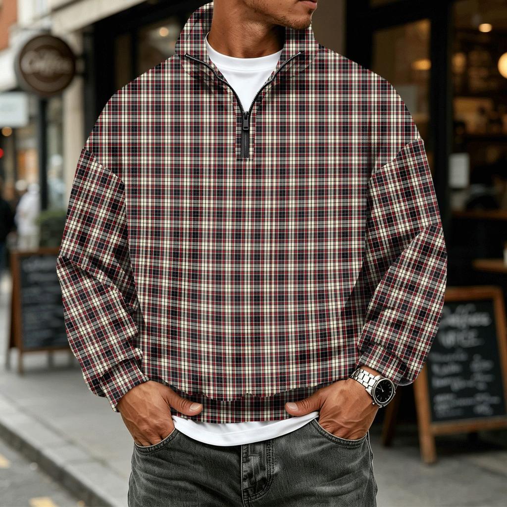 Men's Casual Flannel Quarter-Zip Long Sleeve Sweatshirt Plaid Print