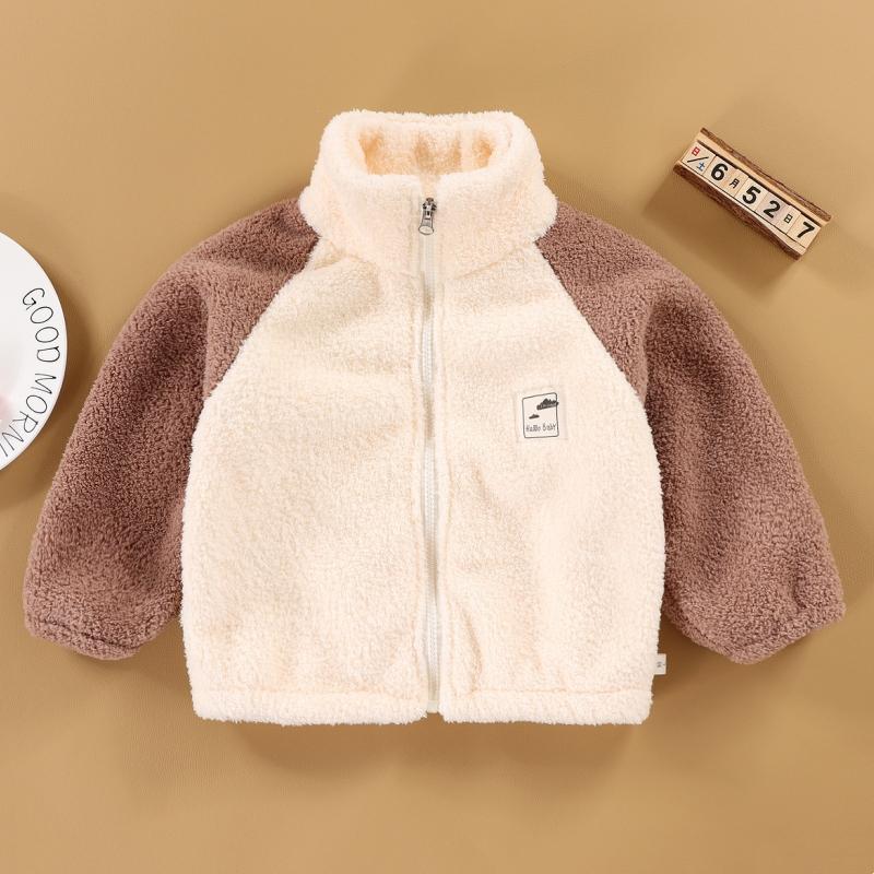 Children Plush Coat Autumn Winter Baby Boys Girls Color Blocked Zipper Long Sleeve Top Kids Casual Warm Jacket Outerwear
