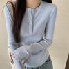 Light blue button-up front shoulder top women's early spring tight and thin Spice Girl style long-sleeved T-shirt with bottoming shirt
