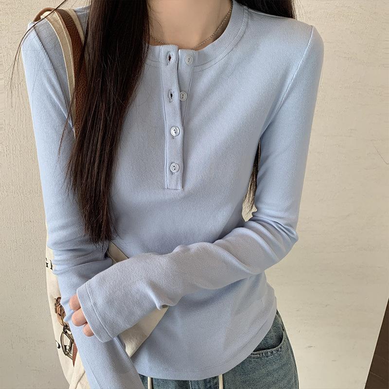 Light blue button-up front shoulder top women's early spring tight and thin Spice Girl style long-sleeved T-shirt with bottoming shirt