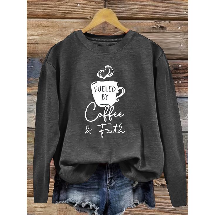 Coffee retro pattern casual round-neck women's autumn and winter long-sleeve top