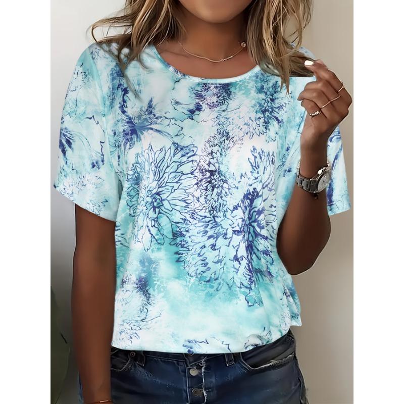 Women's Summer Casual Round Neck Short Sleeve Floral Pattern Top Wear Ladies T-shirt Mother's Day Gift