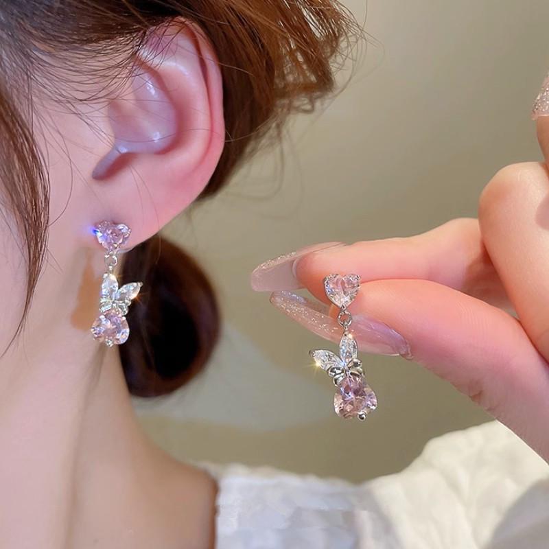 Pink Zircon Heart Bow Bunny Ear Studs Women's Fashionable Luxury Silver Needle Cute Earrings