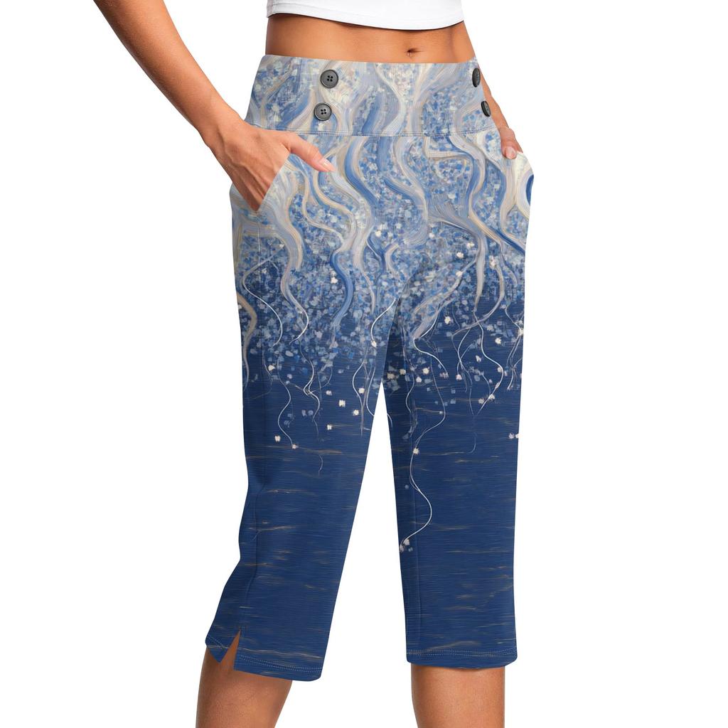 Women's Vintage Floral Print Button Pocket Trousers Slit High Waist Sports Yoga Casual Pants