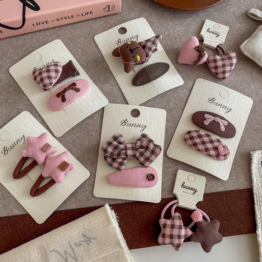 2pcs Pink Coffee Plaid Bow Hair Clip Hairpin Sweet Girl Love Bangs Side Clip Hairpin Children's Hairpin Kids Hair Accessories
