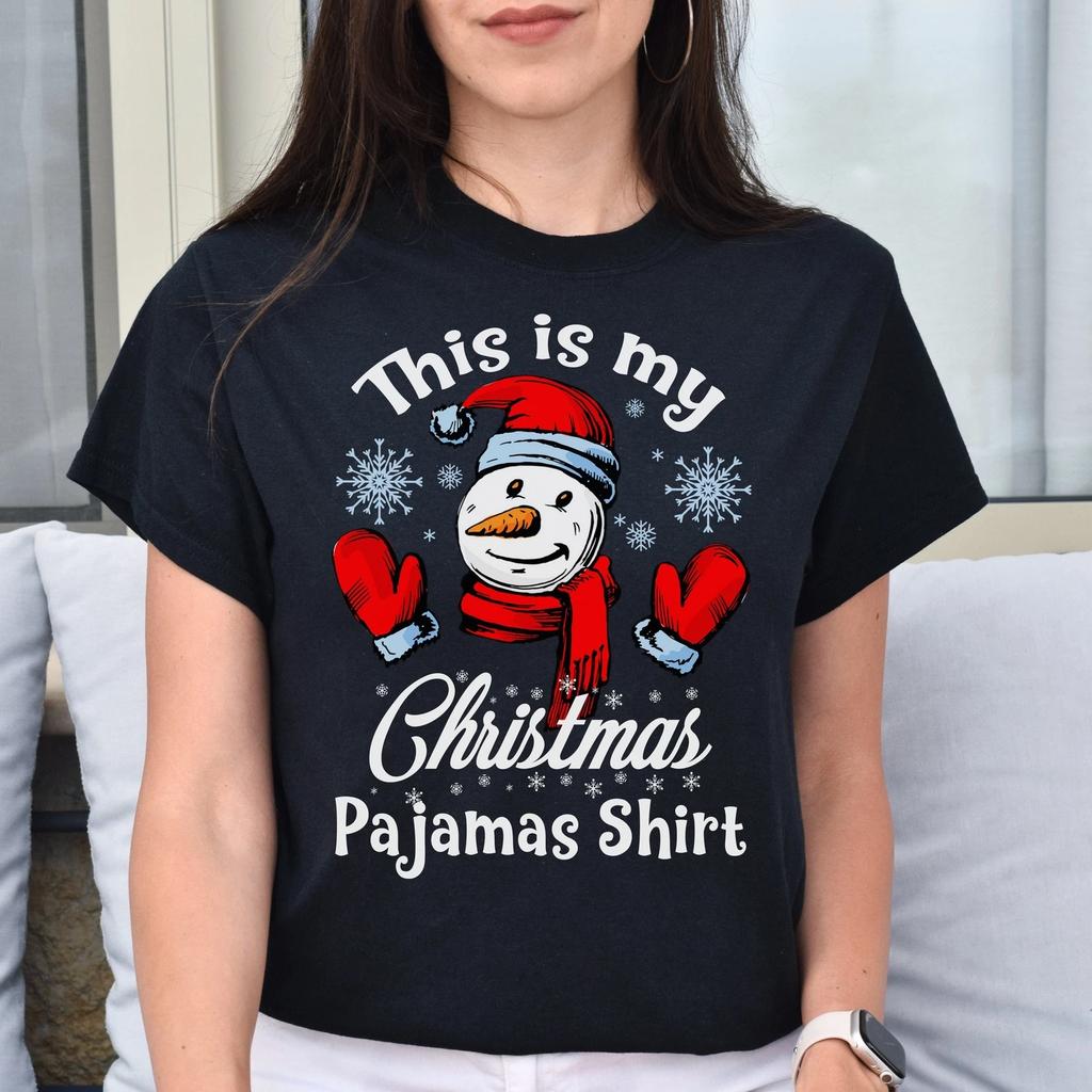 Christmas pajamas Unisex shirt snowman Holiday tee Black Dark Heather