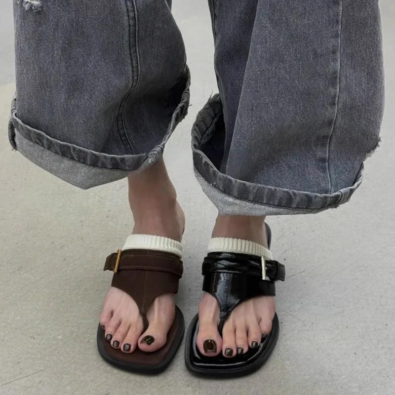 Fashion 2025 New French Small Cool Drag Square Toe Flip Flops Stiletto Slippers for Women