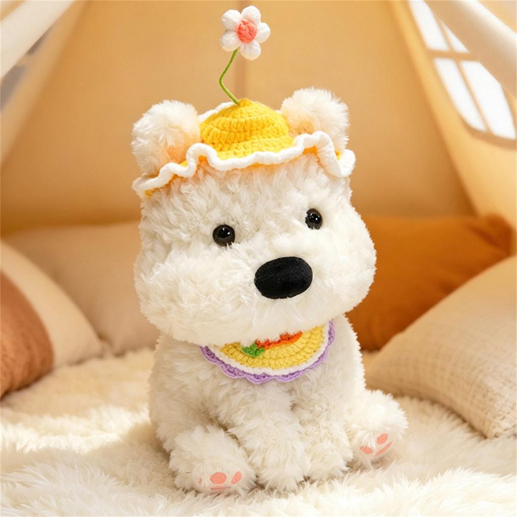 Plush Stuffed Animal Cute Puppy Soft Toy with Hat and Bib Decorative Sitting Dog Doll for Kids and Collectors