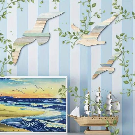 3 Stück Möwen Wanddeko Holz Fliegende Seevögel Wandbehang Schild Nautisches Thema Strand Küsten Wandkunst Vintage Ozean Skulptur für Zuhause Badezimmer