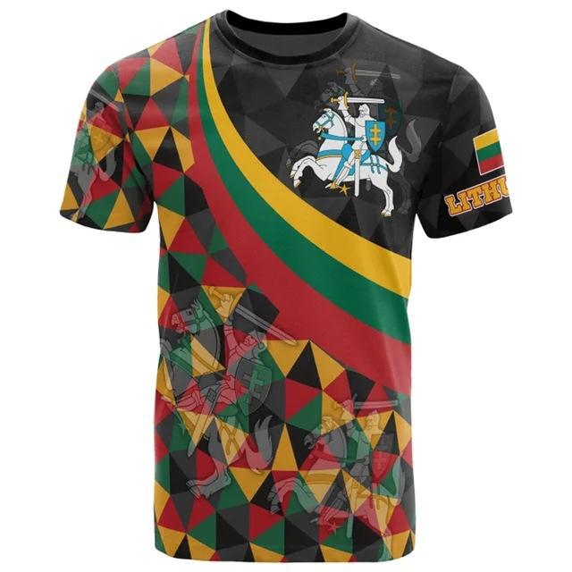 Lithuanian Flag and Emblem 3D Printed T-shirt Summer Round Neck Short Sleeve Sports Street Men's T-shirts
