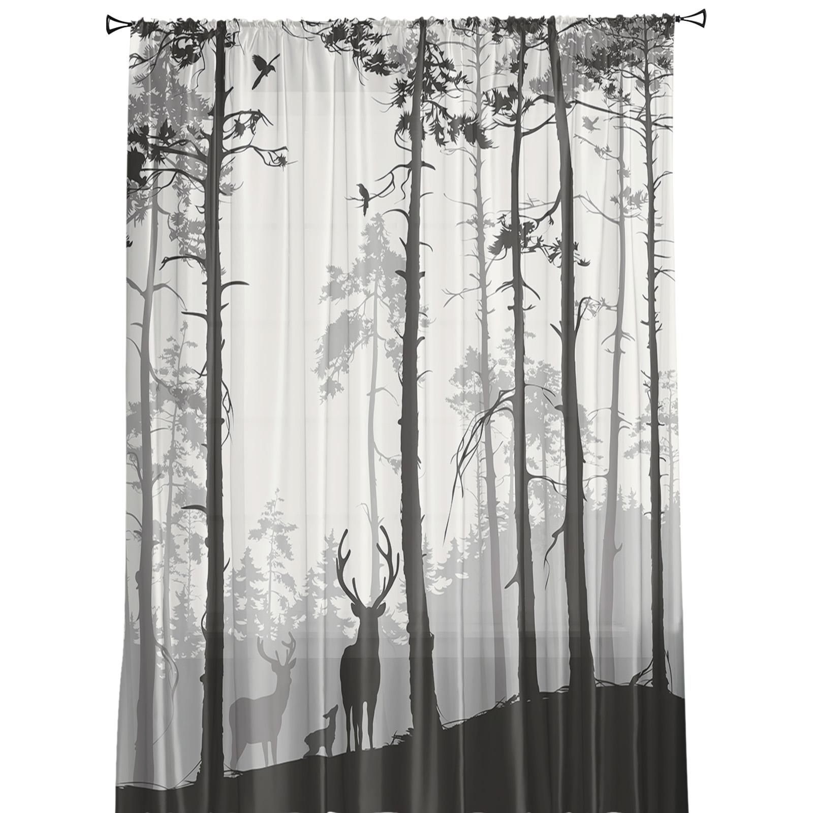 

Тюлевые шторы с силуэтом оленя и сосны для гостиной, прозрачные шторы для спальни, кухни, оконные занавески 135W x 114H(cm)