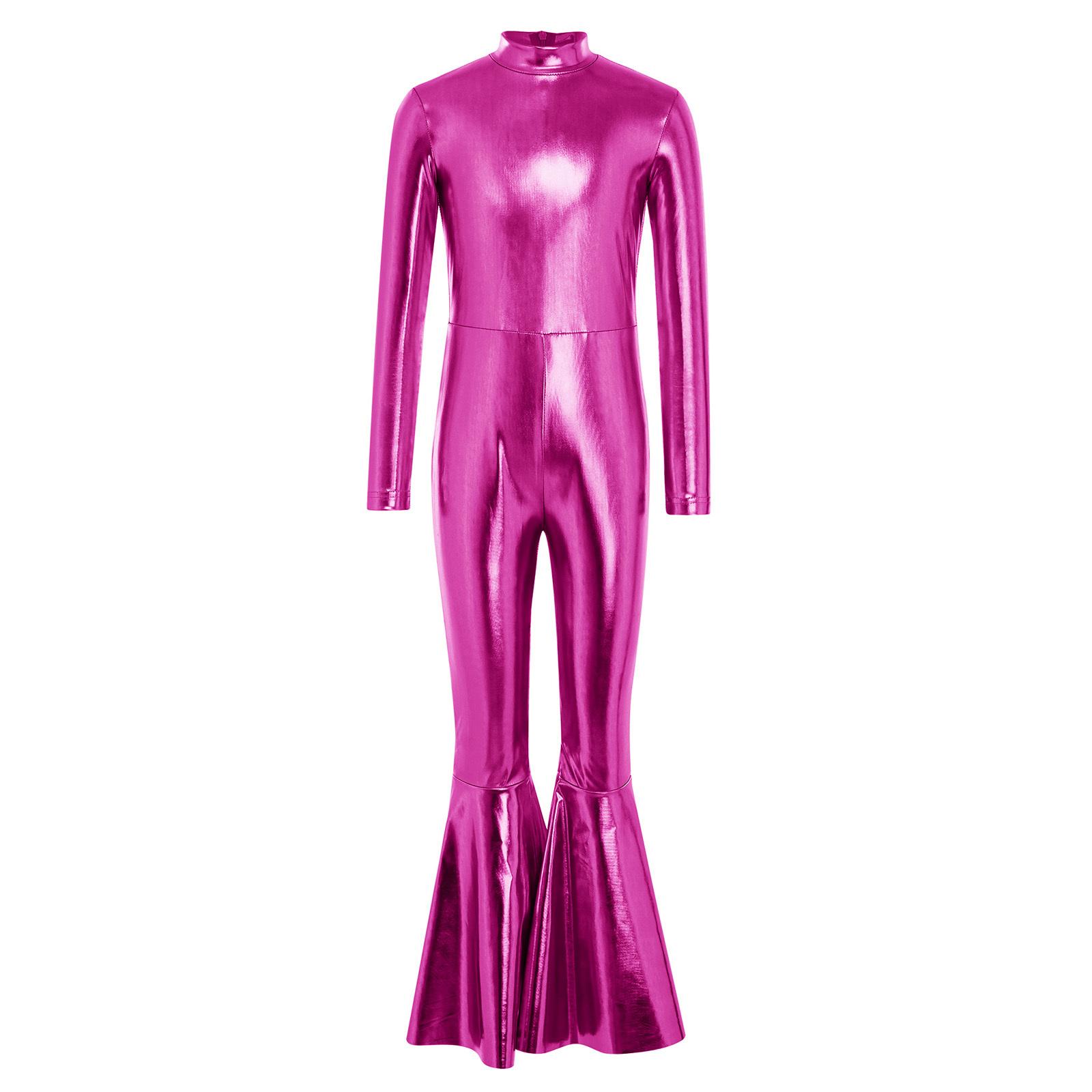 

Girls Metallic Jumpsuit Mock Neck Long Sleeve Invisible Zipper Back Bell Bottom Long Pants 5-6 Years гарячі рожевого кольору