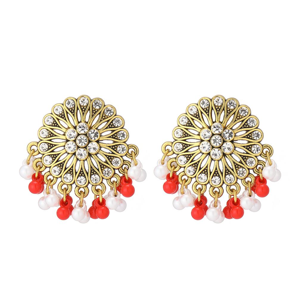 Vintage Ethnic Diamond-Set Flower Fringed Pearl Earrings Female Bohemian Travel Vacation Style Personalized Earrings Jewelry