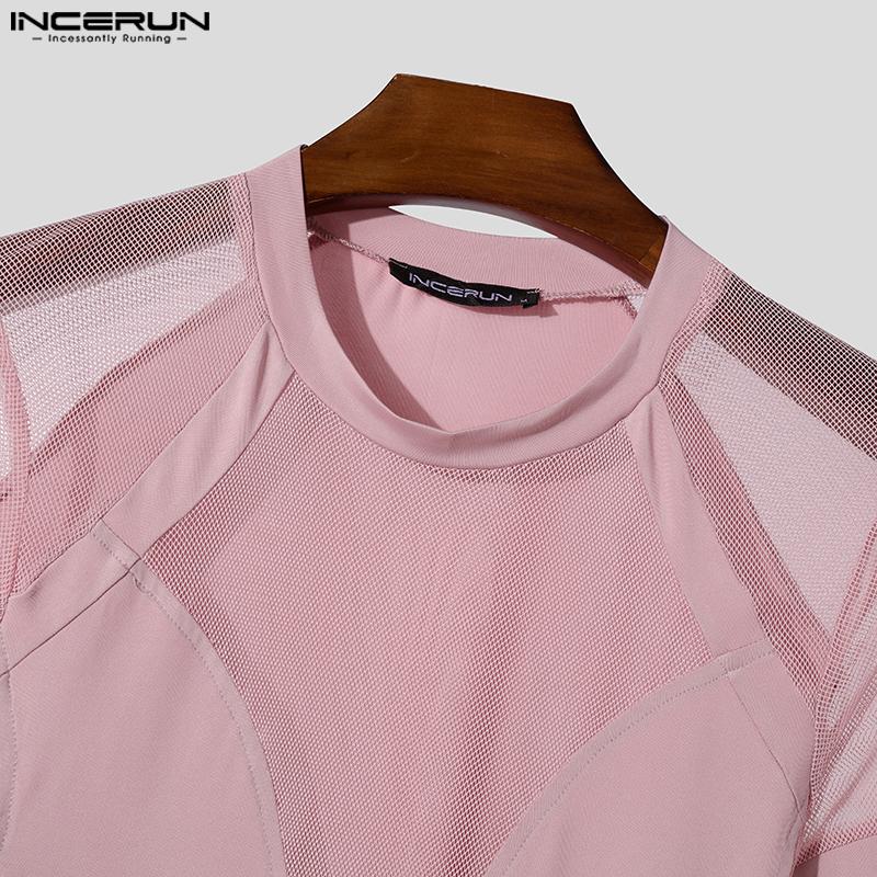 INCERUN Pánské letní tričko s krátkým rukávem síťované průhledné tričko Patchwork Party Clubwear Tops