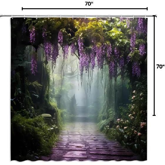 Misty Forest Shower Curtain Purple Floral Foggy Jungle Fantasy Spring Garden Green Plants Nature Landscape Bathroom Decor Curtains Polyester with